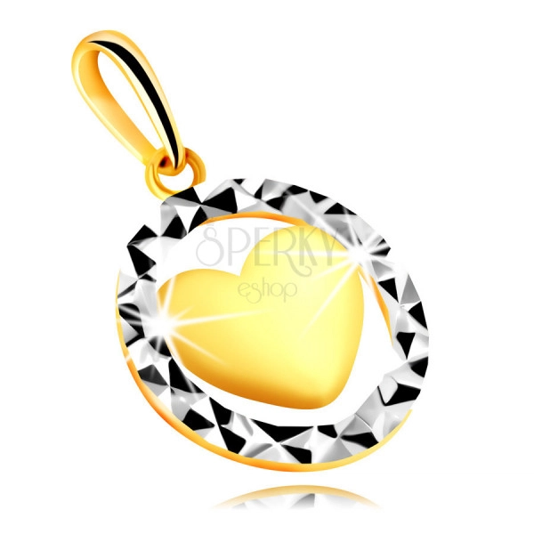 Prívesok v 375 kombinovanom zlate - obrys kruhu s trojuholníkovým rezom, vypuklé srdce