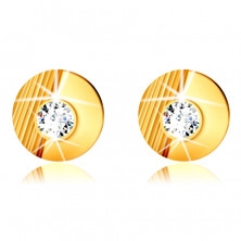 Zlaté 9K náušnice - krúžok so zárezmi, hladký polkruh, vsadený okrúhly zirkón, puzetky