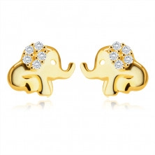 Náušnice v žltom 9K zlate - sediaci sloník s chobotom, ucho zdobené okrúhlymi zirkónmi