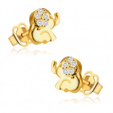 Náušnice v žltom 9K zlate - sediaci sloník s chobotom, ucho zdobené okrúhlymi zirkónmi
