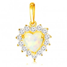 Zlatý 9K prívesok - biely syntetický opál v tvare srdca, lem z okrúhlych čírych zirkónov