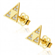 Zlaté 375 náušnice - lesklý trojuholník s tromi menšími trojuholníkmi vo výreze, drobné zirkóny