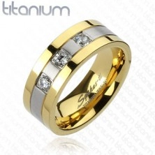 Titánový prsteň - zlato-striebornej farby, tri zirkóny